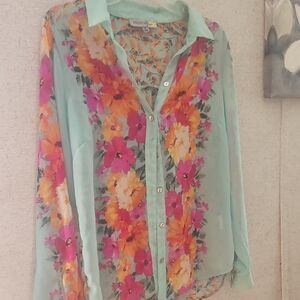 Mint Floral Button-Front Sheer Blouse - Pink & Orange Blooms